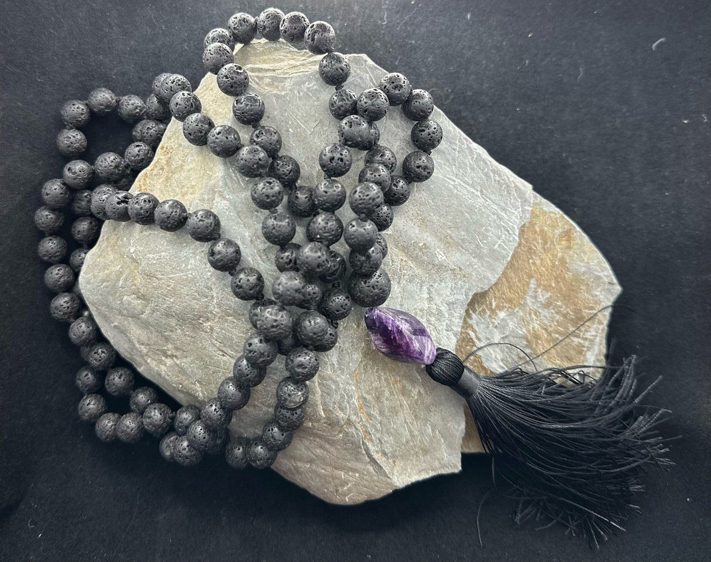 Lava Rock and Amethyst Mala- 108 beads