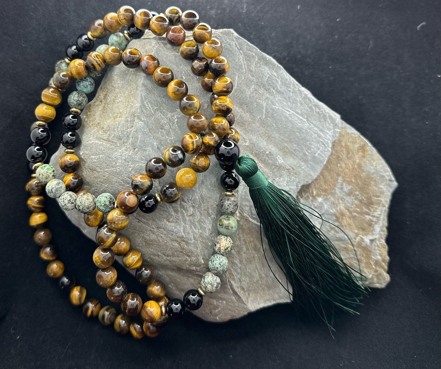 Tigers Eye, Black Onyx, Amazonite Mala- 108 beads